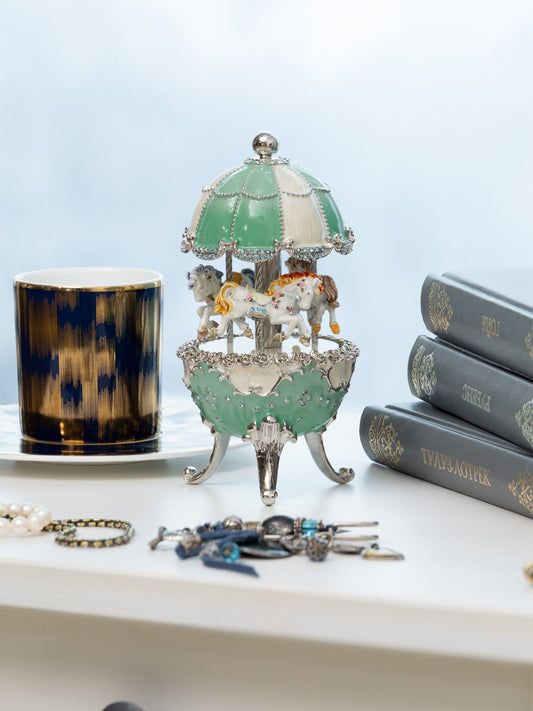 Keren Kopal Light Blue Carousel Faberge Egg with White Royal Horses