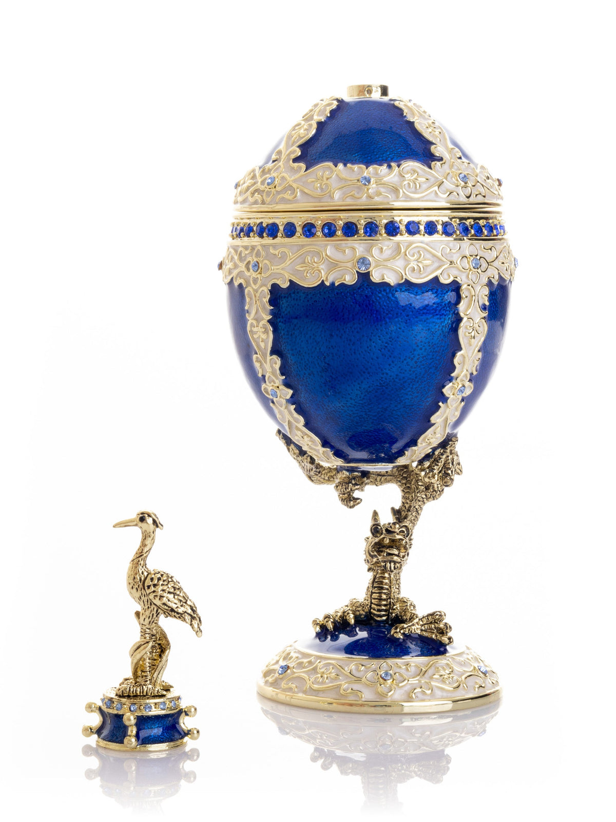 Luxurious Blue-Gold Egg with Clock with Dragon Pedestal and Bird Ornament