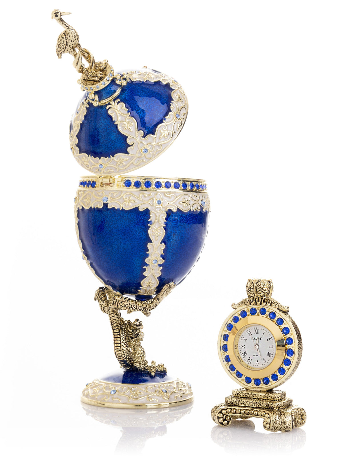 Luxurious Blue-Gold Egg with Clock with Dragon Pedestal and Bird Ornament