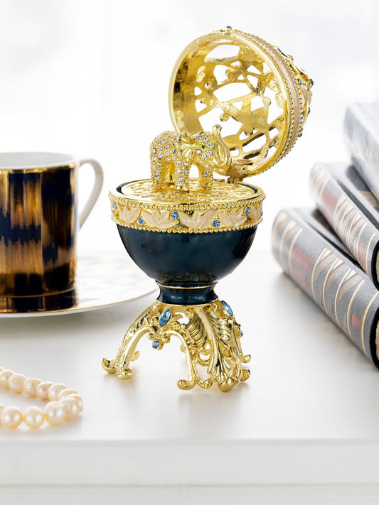 Keren Kopal Golden Blue Faberge Egg with a Golden Elephant