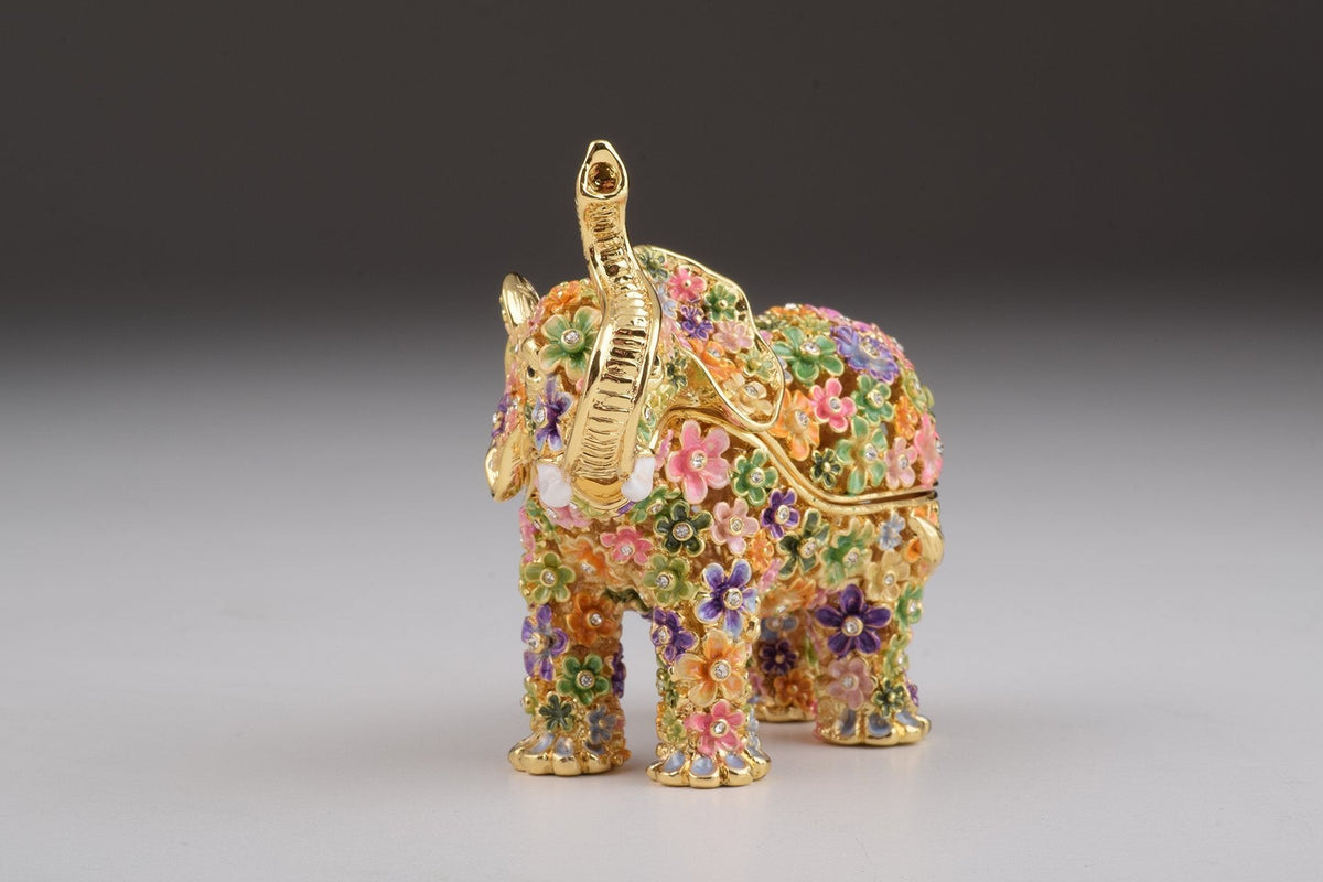 Keren Kopal Gold Elephant with Colorful Flowers Trinket Box