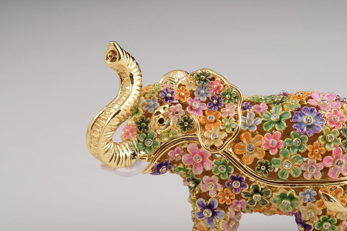 Keren Kopal Gold Elephant with Colorful Flowers Trinket Box
