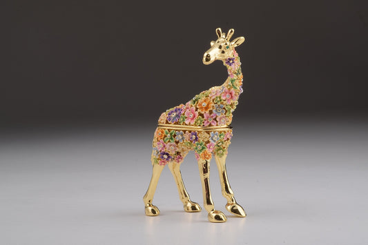 Keren Kopal Gold Giraffe with Colorful Flowers Trinket Box