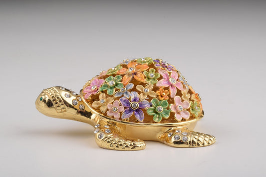 Keren Kopal Gold Turtle with Colorful Flowers Trinket Box