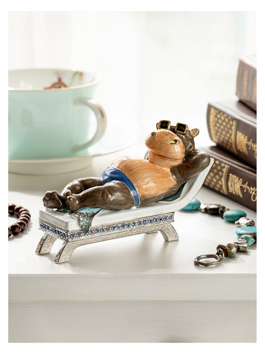 Relaxing Hippo on Sun Lounger Trinket Box