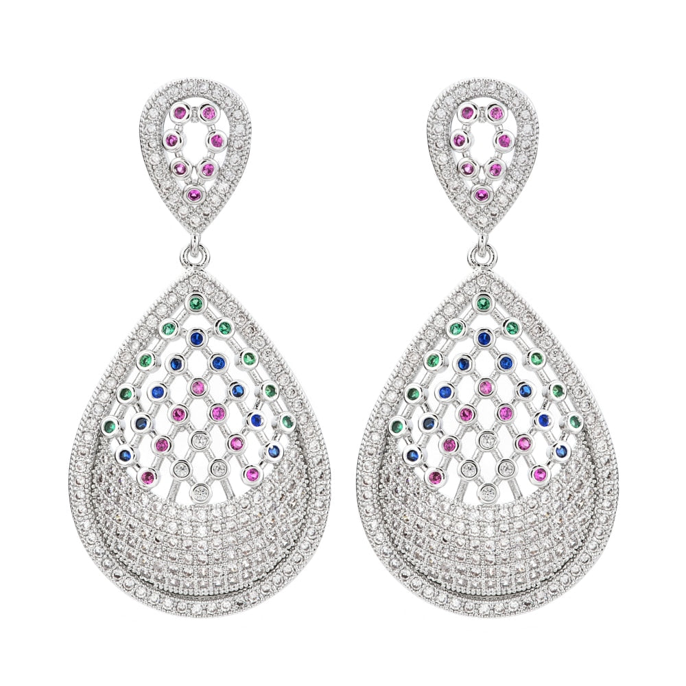 Platinum plated earrings with small white and colored round zirconia
