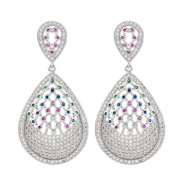 Platinum plated earrings with small white and colored round zirconia