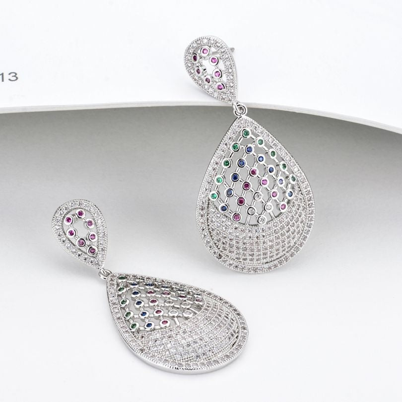 Platinum plated earrings with small white and colored round zirconia