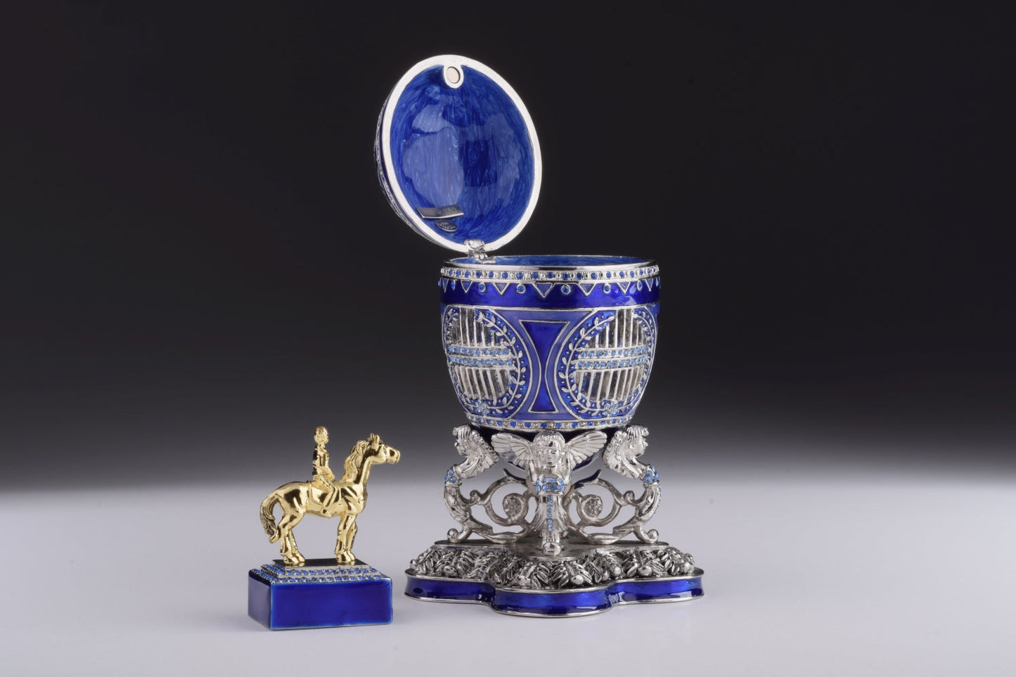 Keren Kopal Blue Russian Egg with Man Riding Horse Surprise Inside