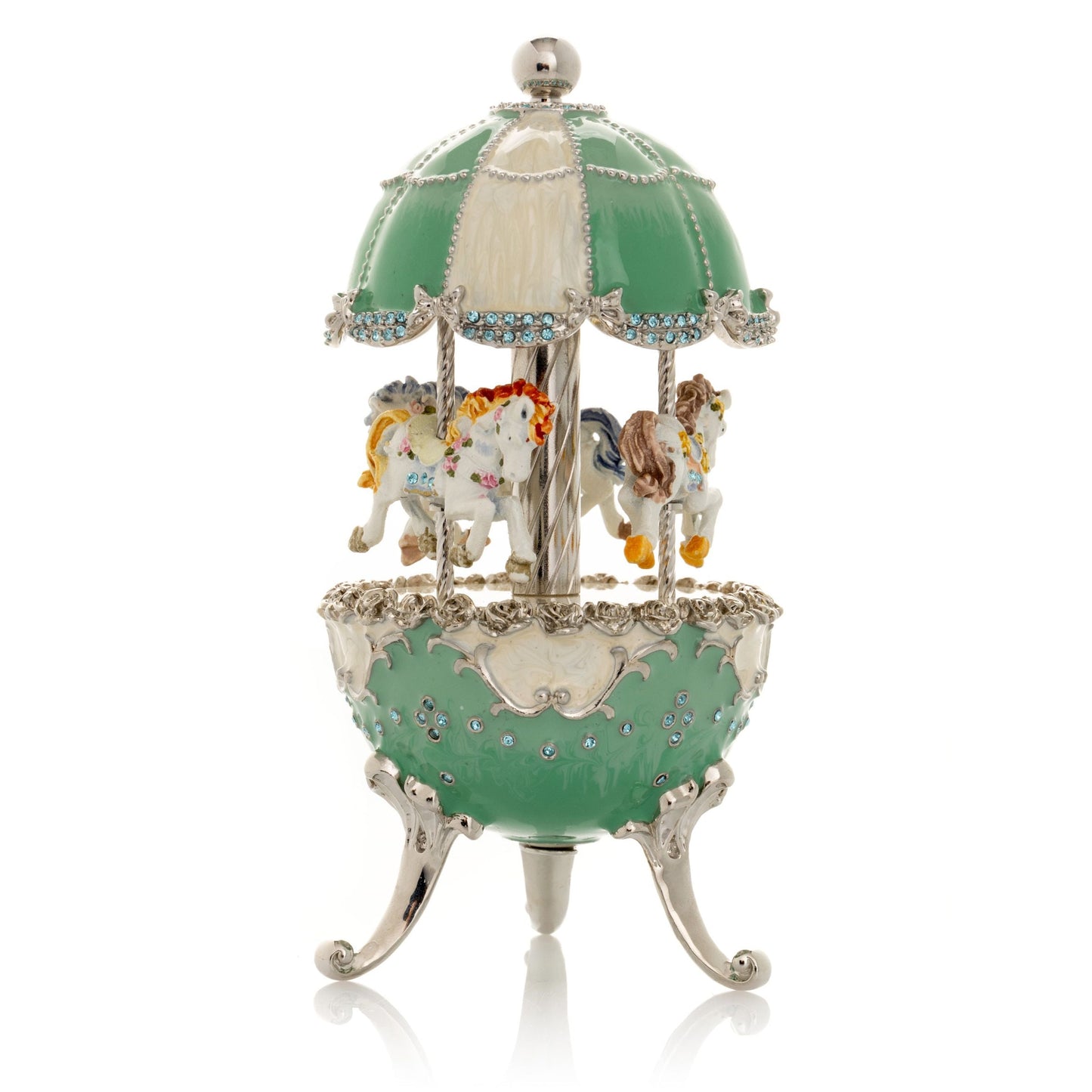 Light Blue Carousel Faberge Egg with White Royal Horses - Exquisite Decor