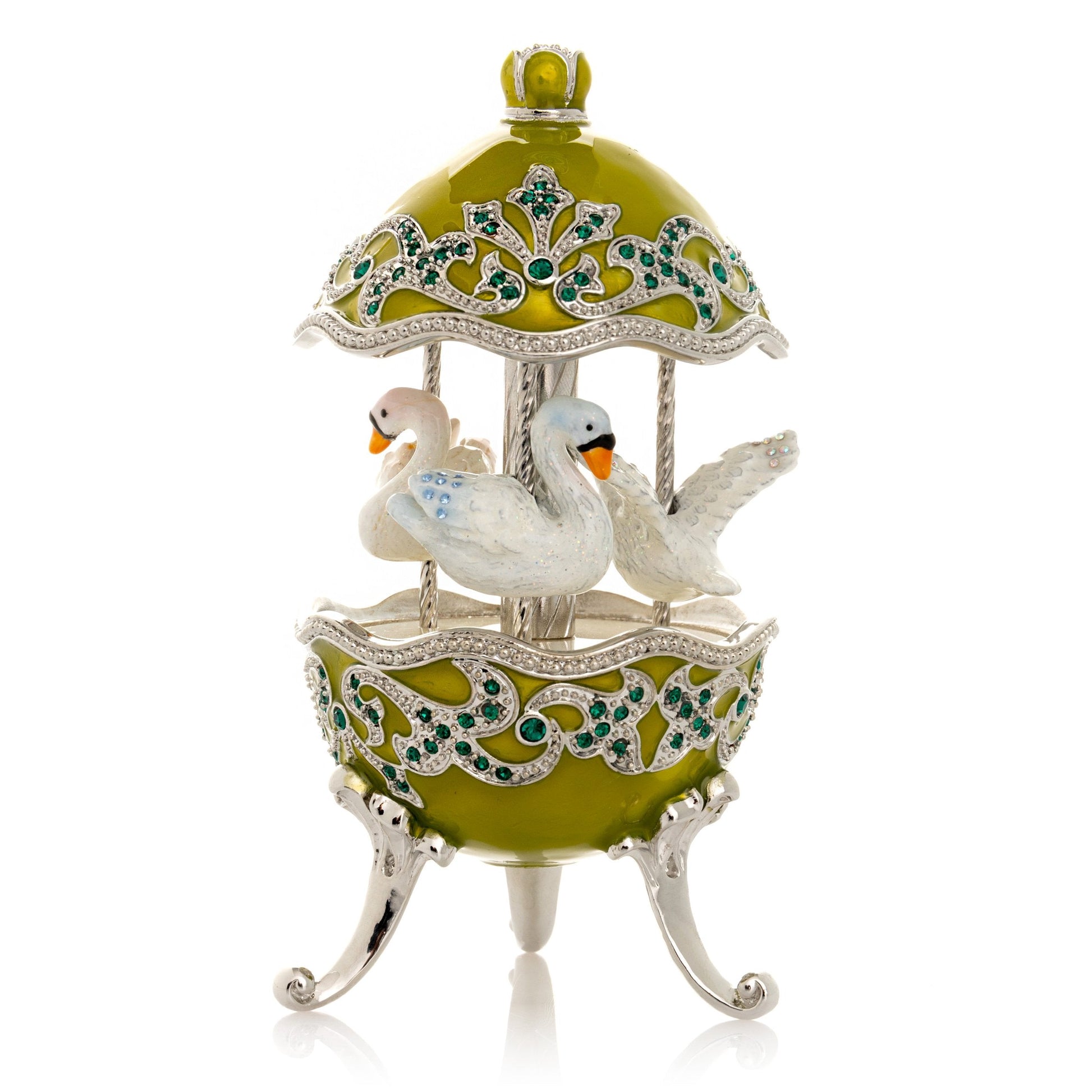 Green Wind Up Carousel with White Swans - Exquisite Decor