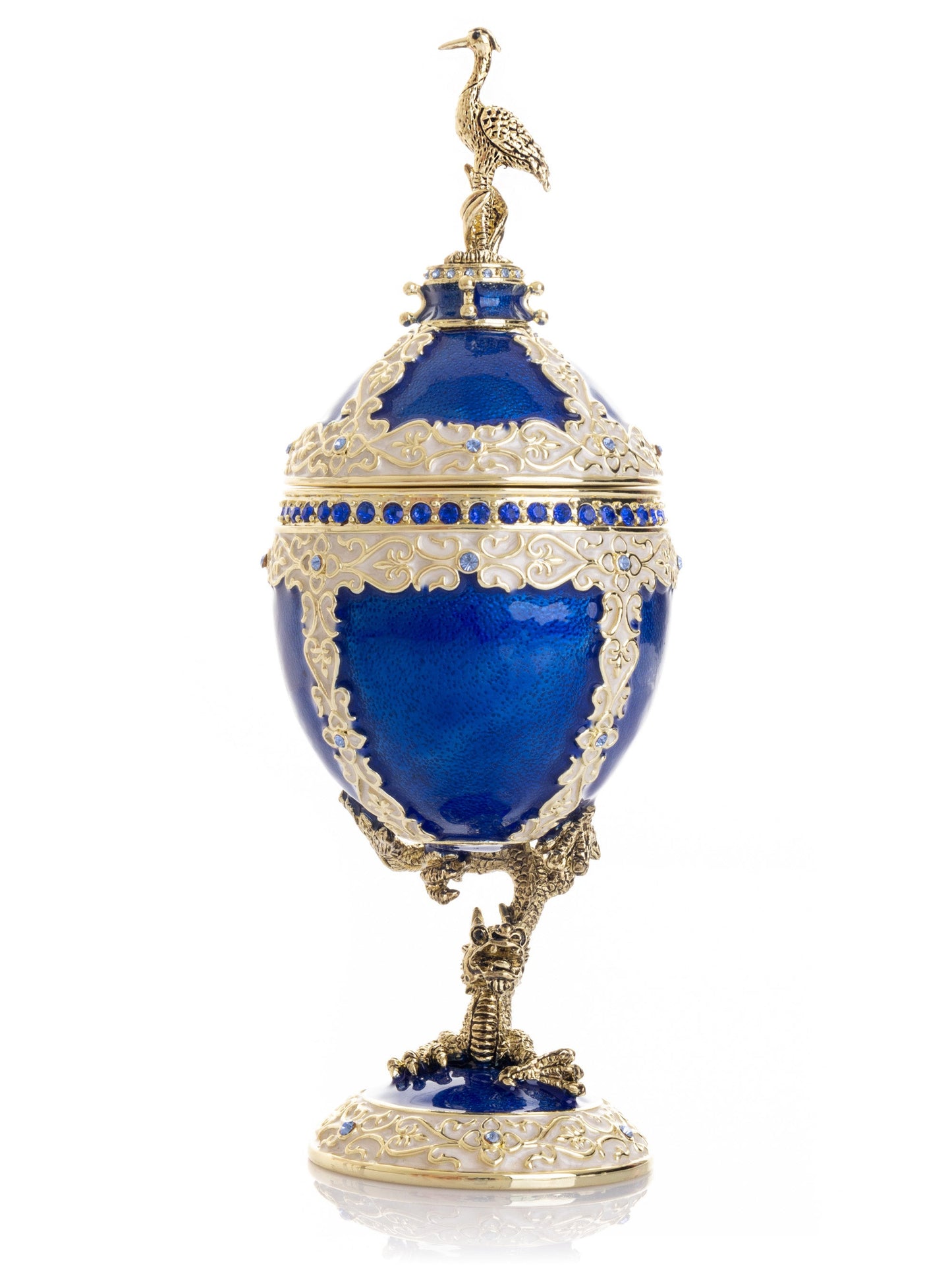 Luxurious Blue-Gold Egg with Clock with Dragon Pedestal and Bird Ornament