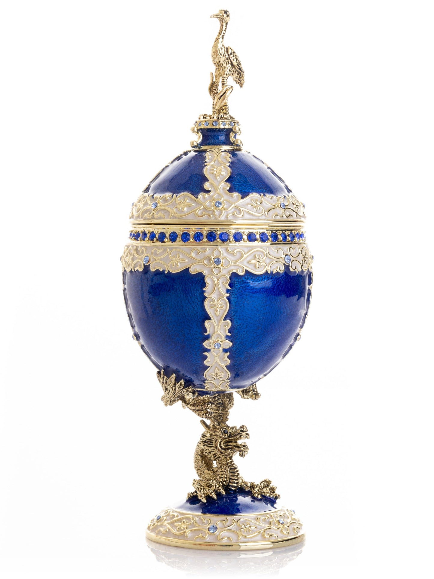 Luxurious Blue-Gold Egg with Clock with Dragon Pedestal and Bird Ornament