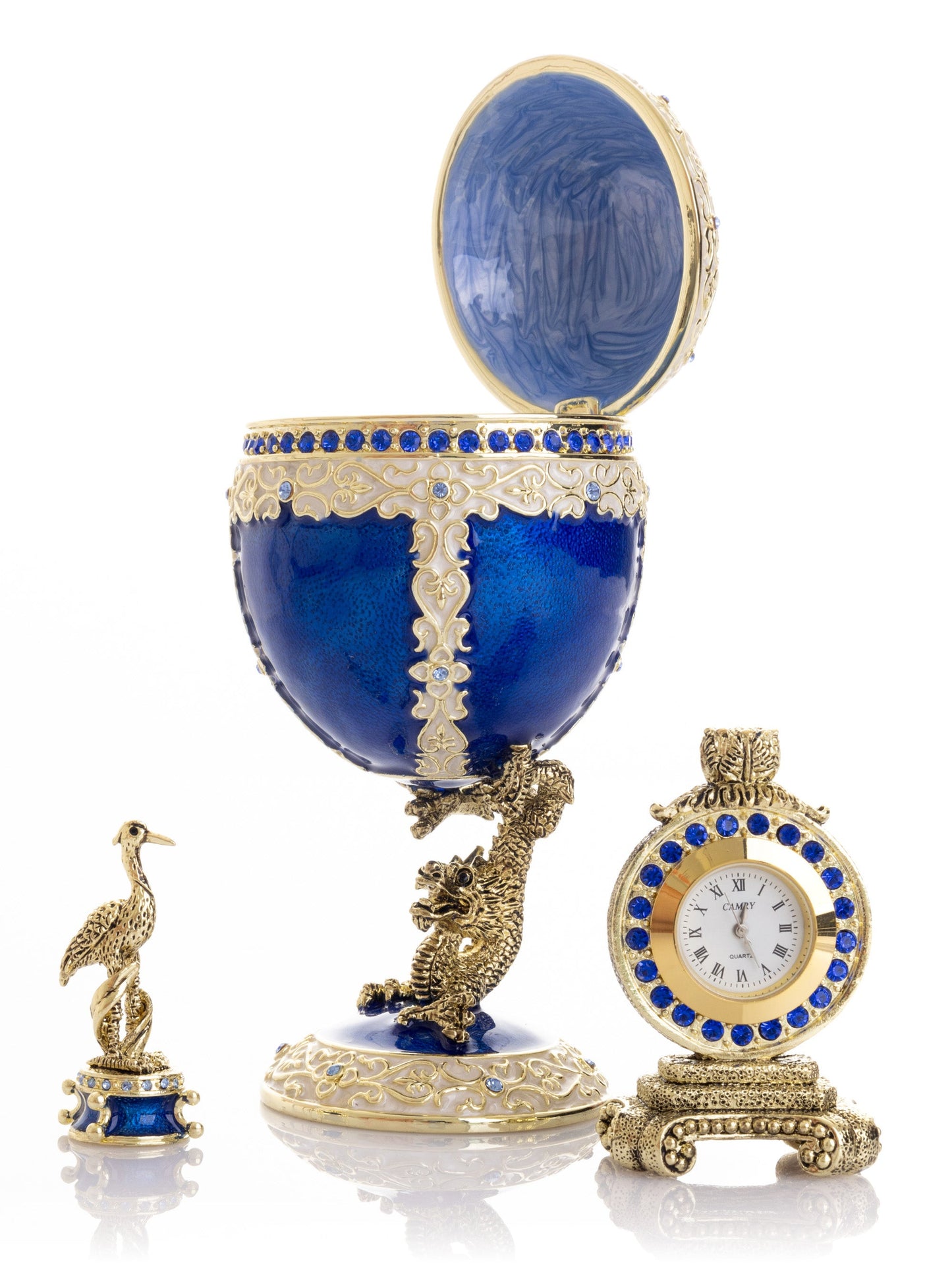 Luxurious Blue-Gold Egg with Clock with Dragon Pedestal and Bird Ornament