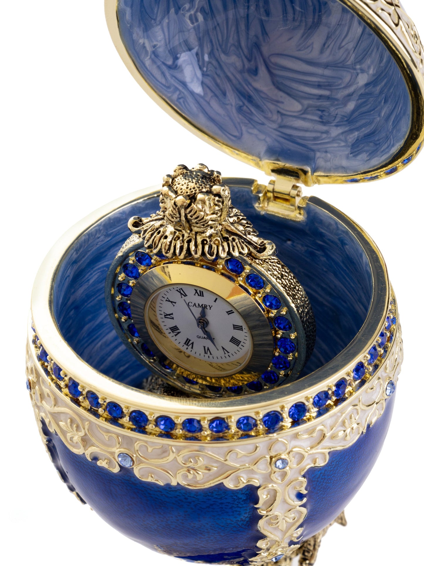 Luxurious Blue-Gold Egg with Clock with Dragon Pedestal and Bird Ornament