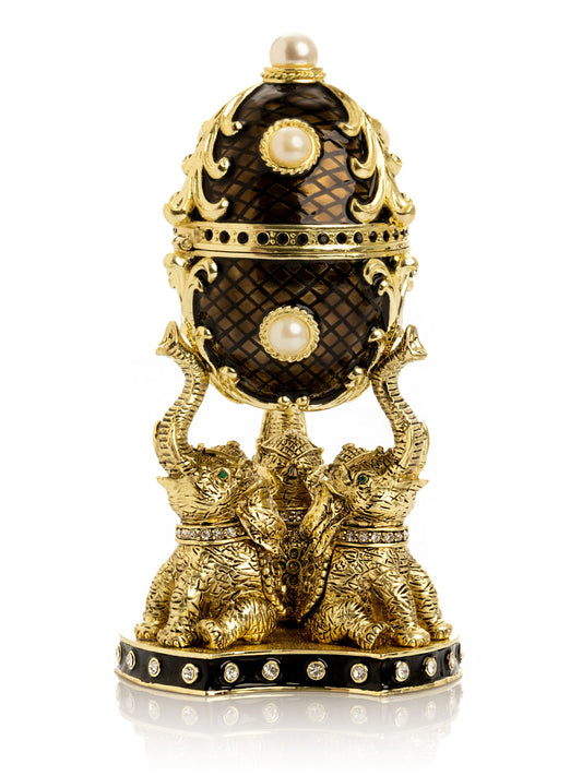 Regal Brown and Gold Enamel Egg with Elephant Pedestal