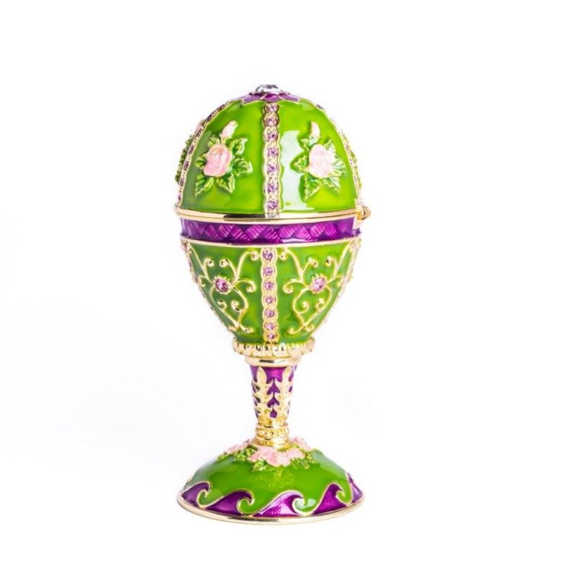 Green Faberge Egg Music Playing Decorated with Flowers - Exquisite Decor