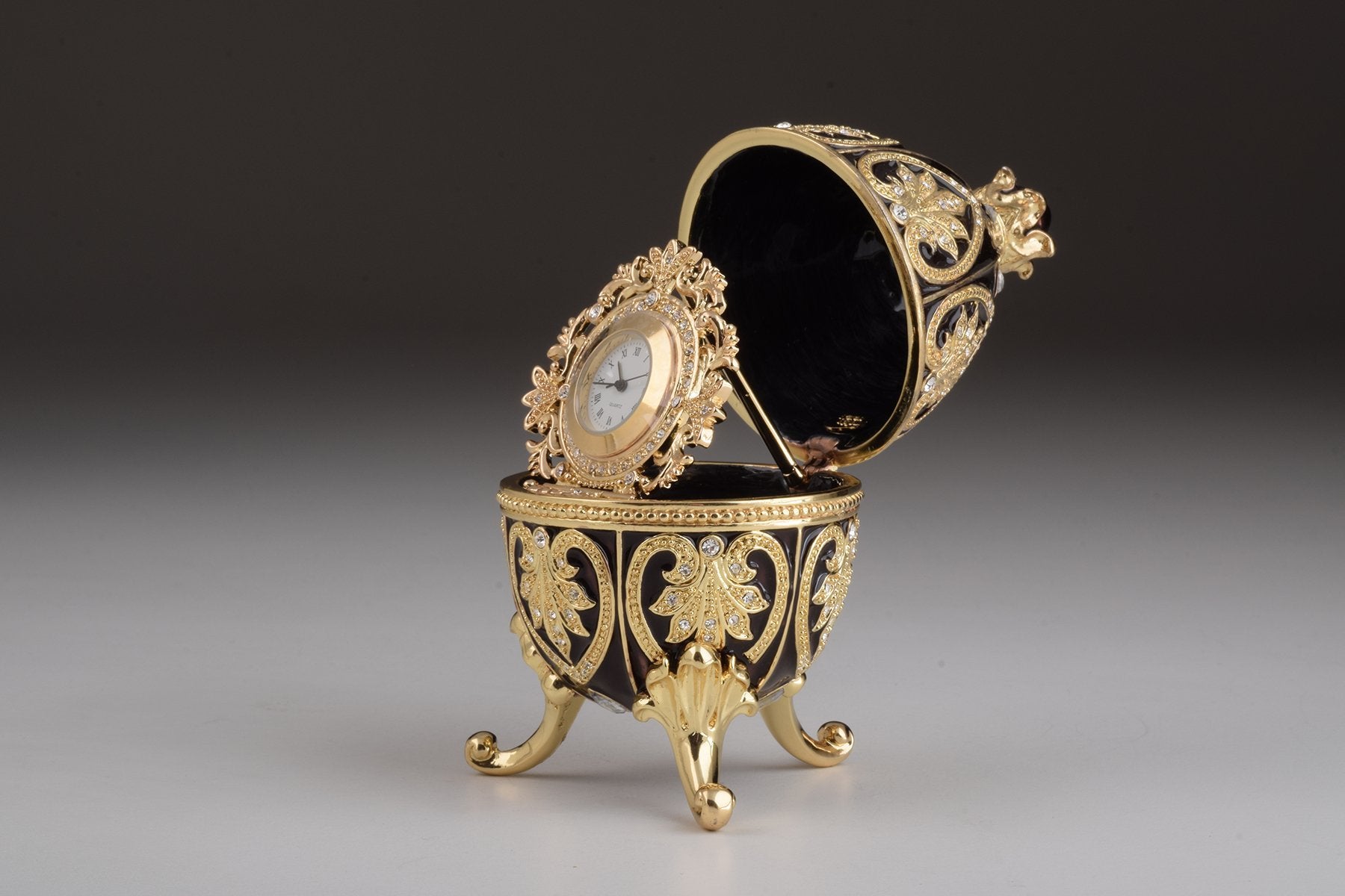 Keren Kopal Gold & Black Faberge Egg with Clock
