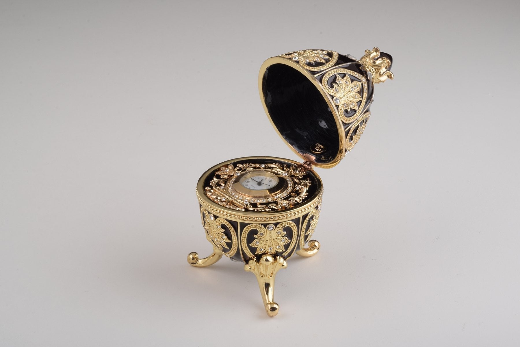 Keren Kopal Gold & Black Faberge Egg with Clock