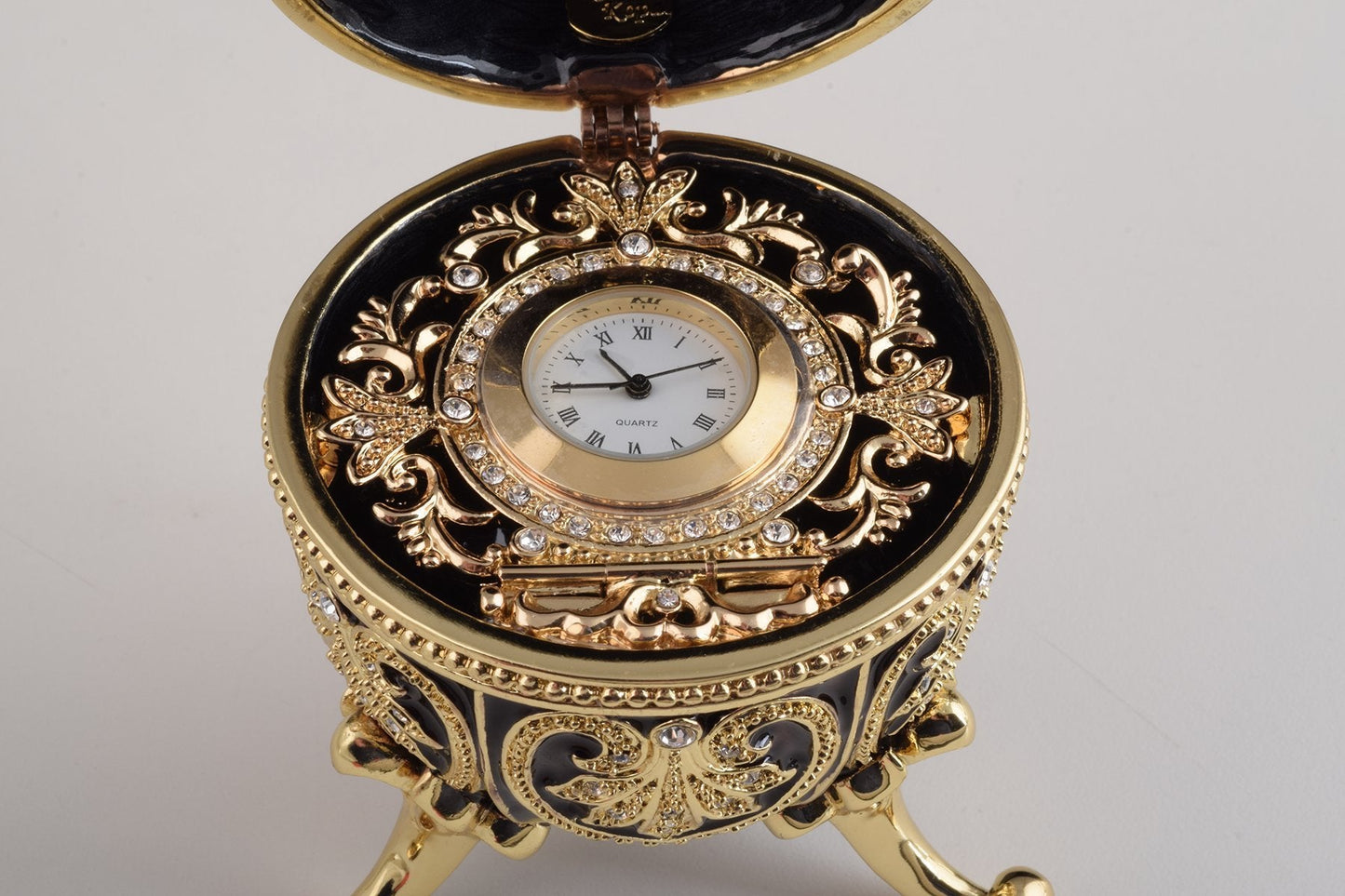 Keren Kopal Gold & Black Faberge Egg with Clock