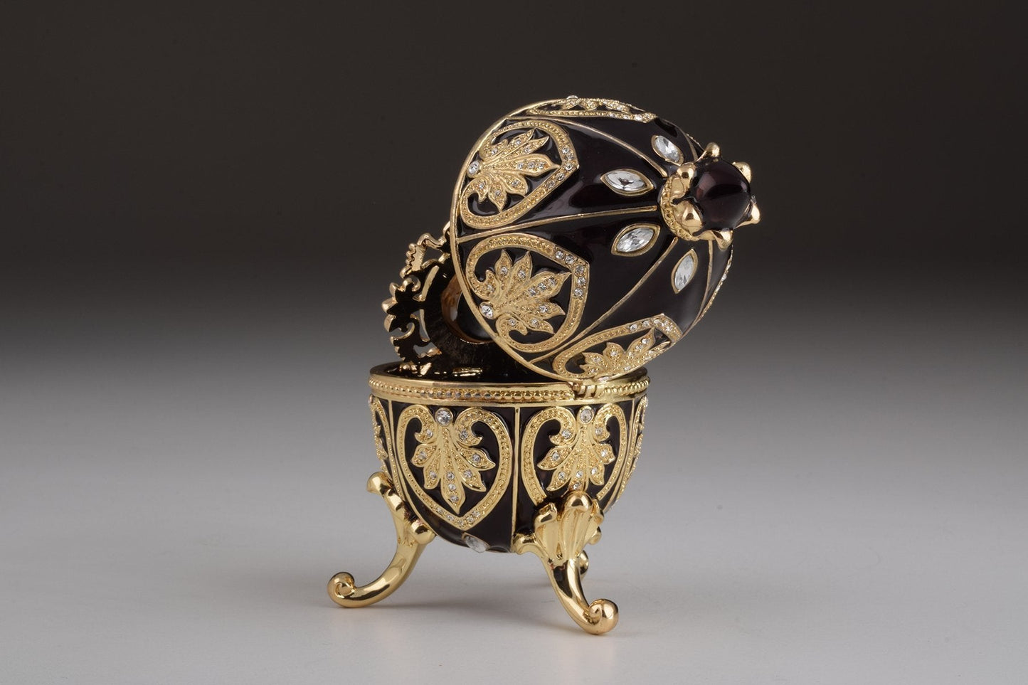 Keren Kopal Gold & Black Faberge Egg with Clock